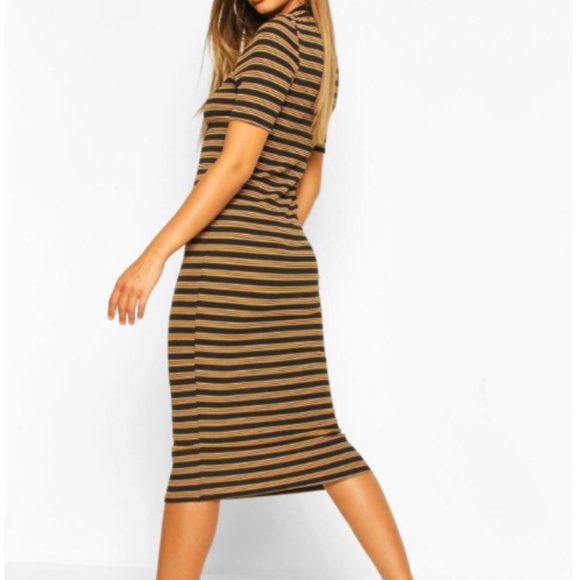 BOOHOO STRIPE RIB SHORT SLEEVE BODYCON MIDI DRESS - Picture 1 of 7